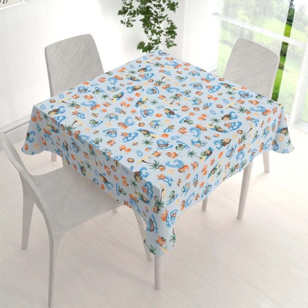 Biante Detský bavlnený štvorcový obrus Sandra SA-535 Morské zvieratká na svetlo modrom 130x130 cm