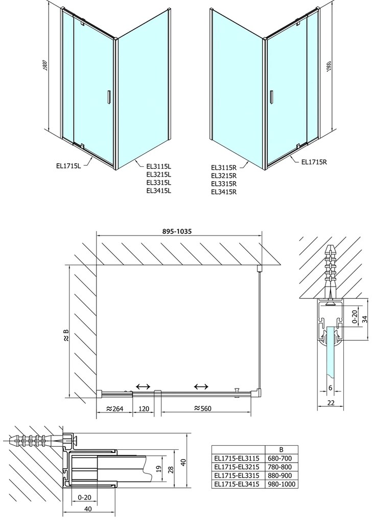 Polysan Polysan, Easy Line obdĺžniková/štvorcová sprchová zástena pivot dvere 900-1000x1000mm L/P, EL1715EL3415
