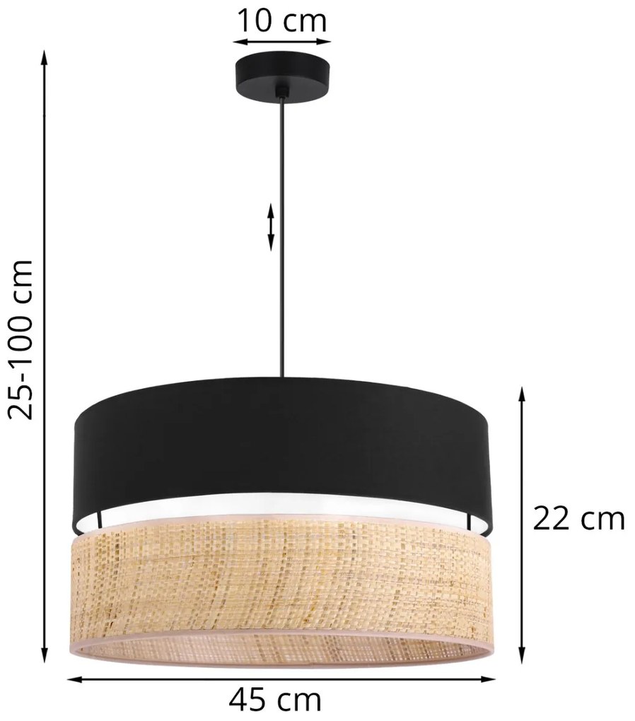 Závesné svietidlo Rattan, 1x ratanové/čierne textilné tienidlo, (fi 45cm)