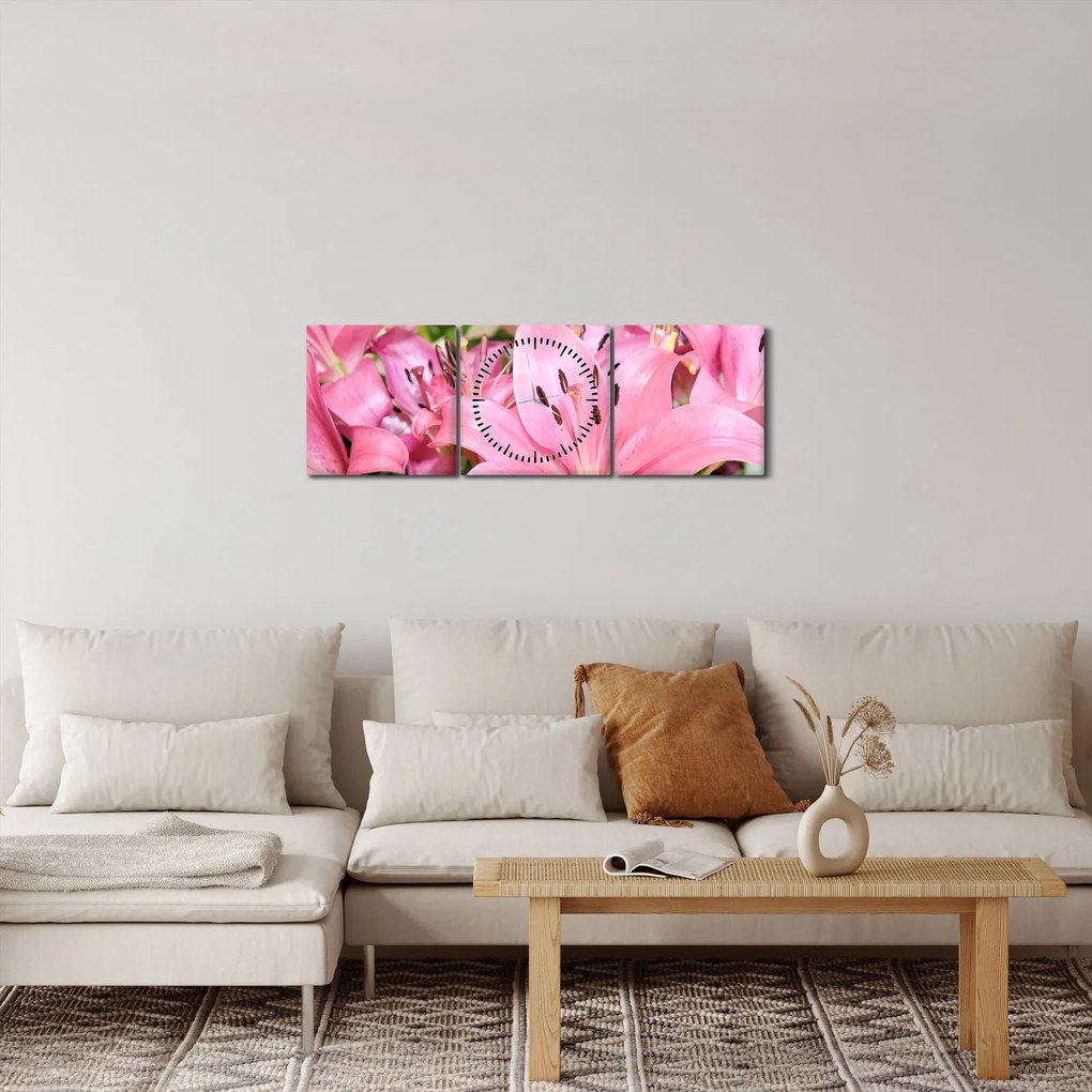 Obraz - Ružové ľalie (s hodinami) (90x30 cm)