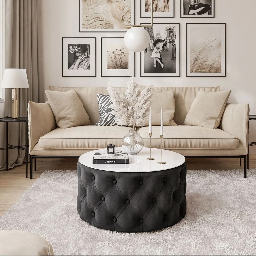 KONFERENČNÝ STOLÍK CARLY 70 cm CHESTERFIELD + BIELE SKLO JASMINE 100