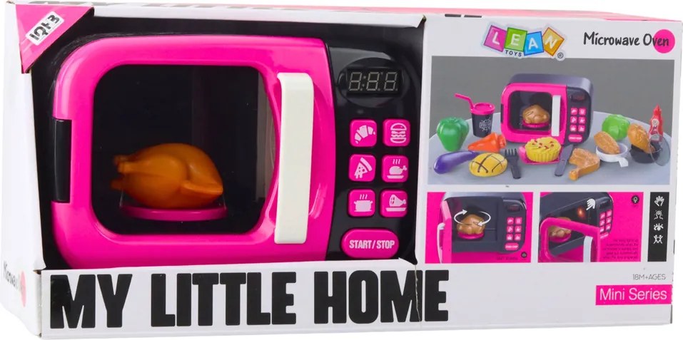 LEAN Toys Detská hračka Mikrovlnná rúra na potraviny 360 otáčok Svetlá Zvuky Ružová