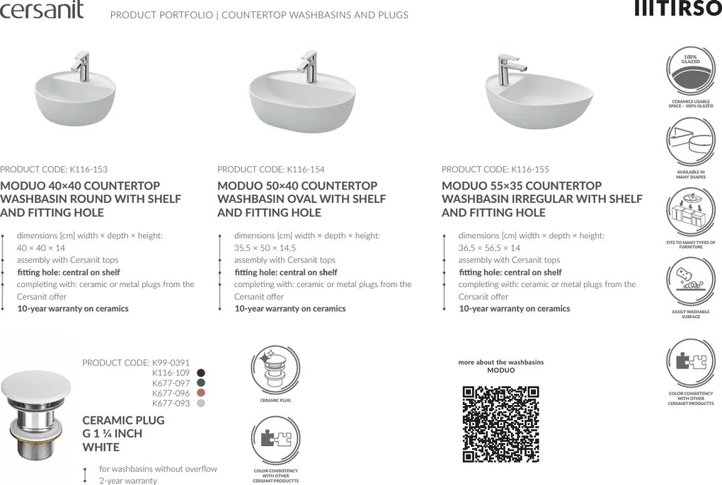 Cersanit Tirso, doska na kúpeľňovú skrinku 800x450x18 mm, biela matná, S1015-028