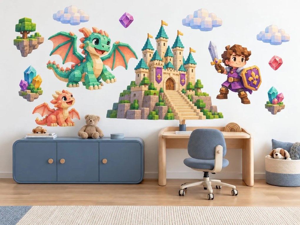 Minecraft Rytíř a dráčci u hradu arch 46 x 34 cm