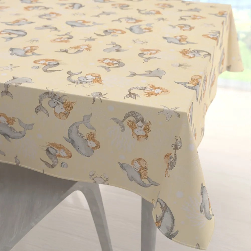 Biante Detský bavlnený štvorcový obrus Sandra SA-670 Sivo-hnedé morské panny s delfínmi na žltobéžovom 80x80 cm