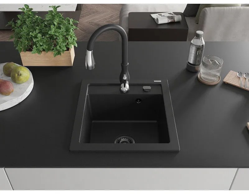 Mexen Vito, 1-komorový granitový drez 520x490x210 mm a drezová batéria Savita, čierna, 6503-77-672601-70-B