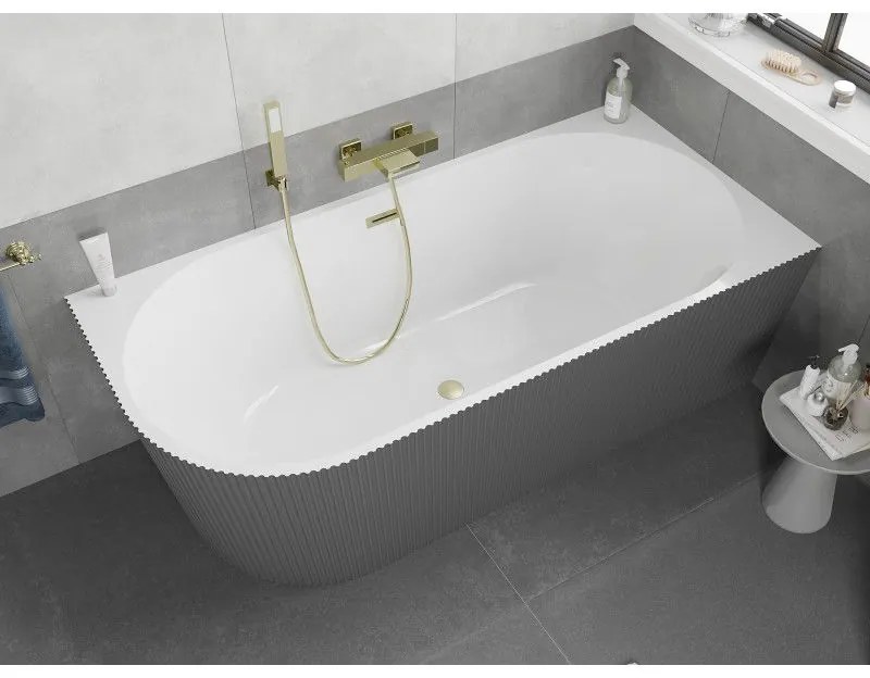 Mexen Silo, rohová voľne stojaca ryhovaná vaňa, pravá, 150 x 75 cm, biela-šedá, zlatý matný prepad, 52891507562P-55