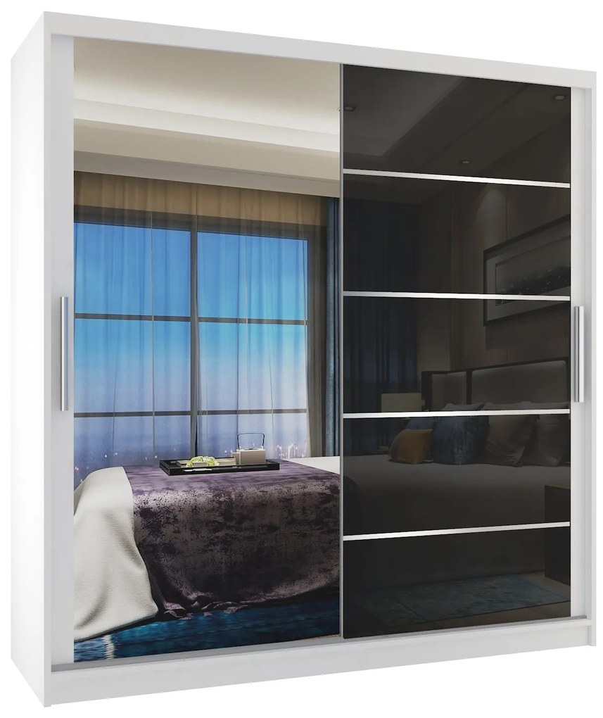 Šatníková skriňa 158 cm Belini biely mat / čierny lesk s posuvnými dverami zrkadlom a zásuvkami MGB SZP7/0/W/1L5B/KLAL