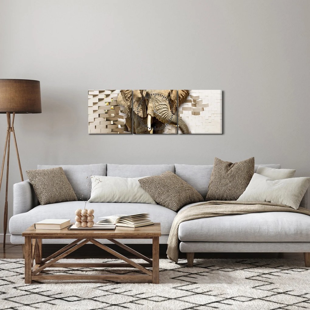 Obraz - Slon prerážajúci múr (s hodinami) (90x30 cm)