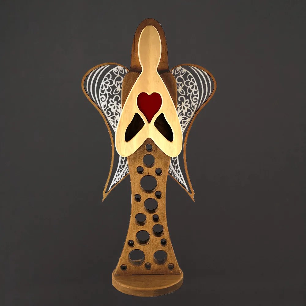 AMADEA Drevený anjel na podstavci s bielymi krídlami a červeným srdcom, masívne drevo, 93x46 cm, český výrobok