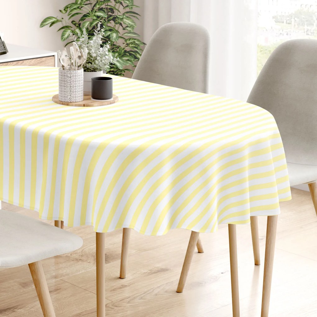 Goldea oválny obrus 100% bavlnené plátno - žlté prúžky 140 x 180 cm