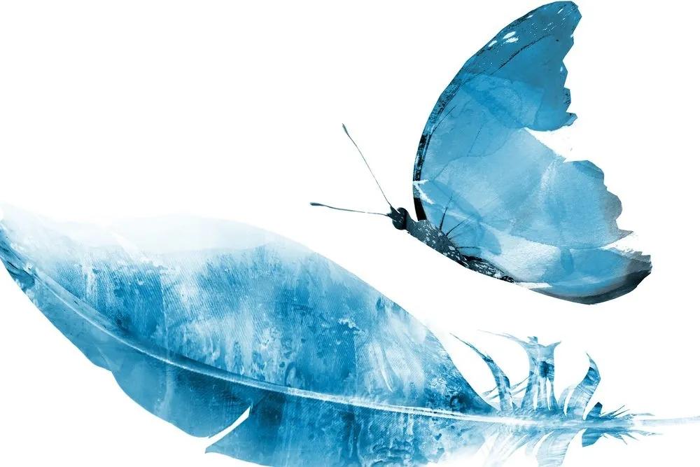 Obraz pierko s motýľom v modrom prevedení - 60x40