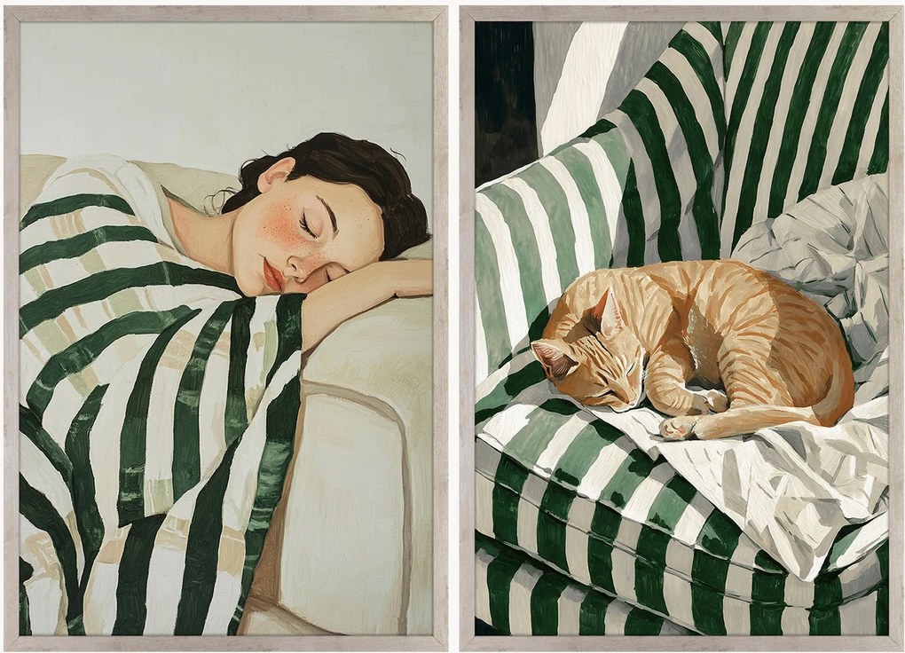 Nástenné dekorácie v rámoch Woman And Cat, 2 ks