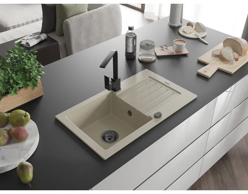 Mexen Pablo, granitový drez 752x436x161 mm, 1-komorový a čierna batéria Rita, béžová, 6510-69-670300-70