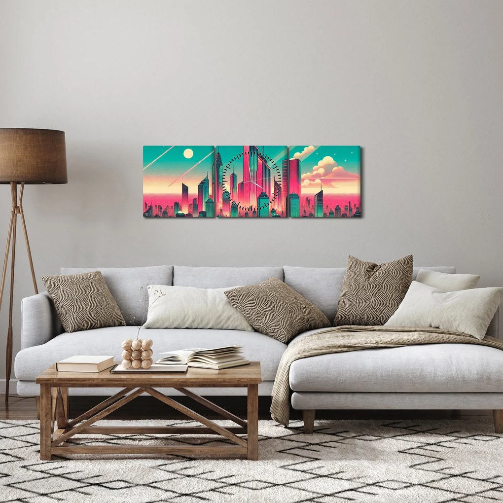 Obraz – Veľkomesto v pop-art štýle (s hodinami) (90x30 cm)