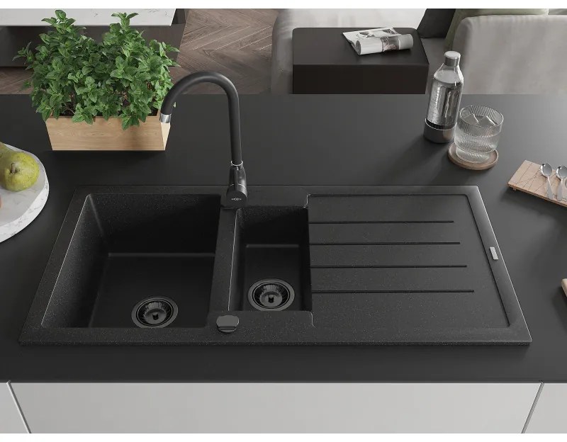 Mexen Andres, granitový drez 1000x500x200 mm, 1,5-komorový, čierna - strieborná metalíza s čiernym sifónom a čierna drezová batéria Telma, 6515-73-670200-70-B
