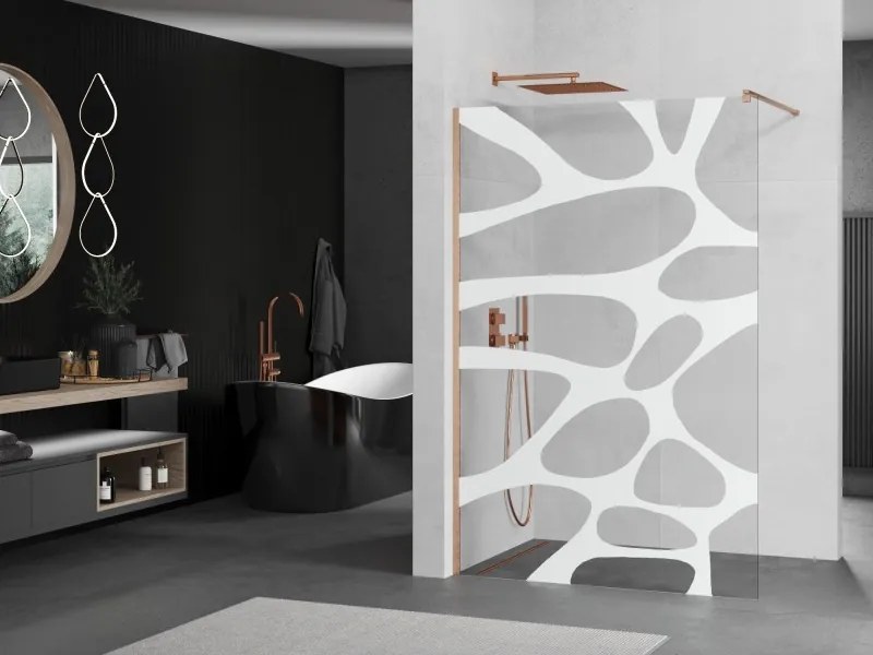 Mexen Kioto, sprchová zástena Walk-In 120 x 200 cm, 8mm číre sklo biely vzor, medený matný profil, 800-120-101-65-97