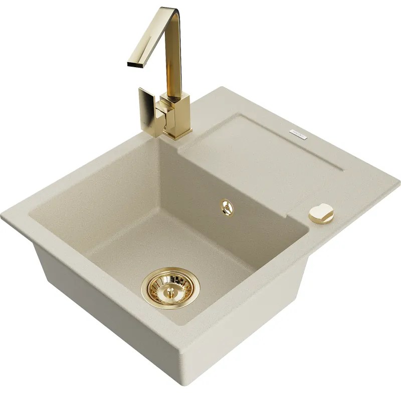 Mexen Enzo, granitový drez 576x465x174 mm, 1-komorový, zlatá batéria Rita, béžová, 6506-69-670300-50
