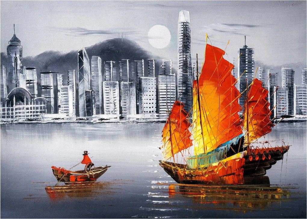 Sklenený obraz - Victoria Harbor, Hong Kong, čiernobiela olejomaľba (70x50 cm)