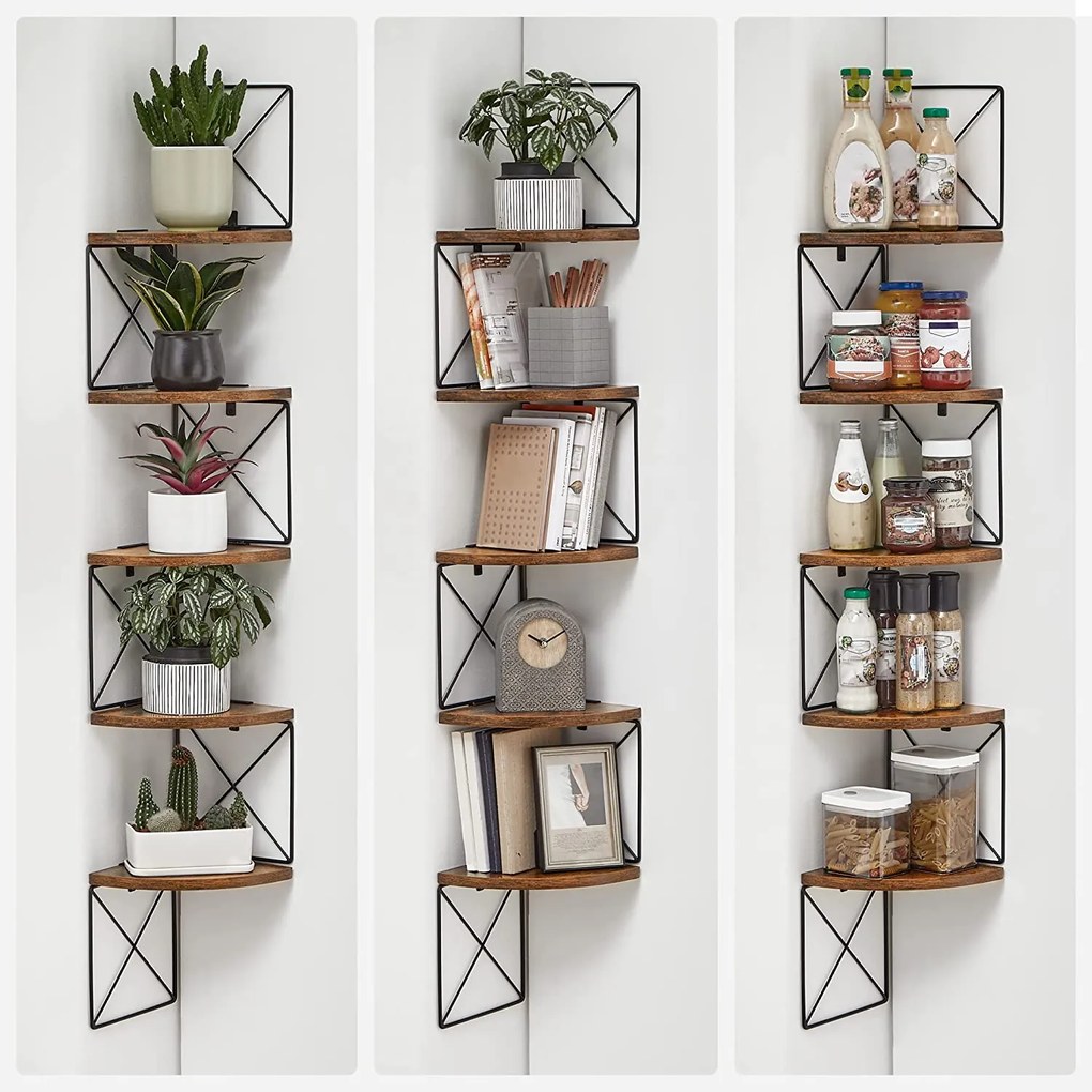 Nástenná rohová polica, 5 úrovní, rustikálna hnedá a čierna