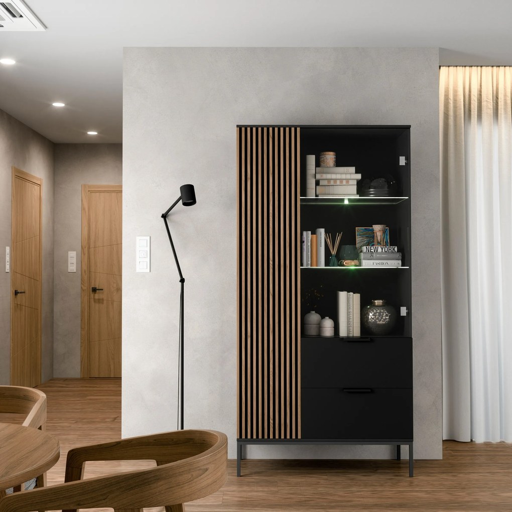 Vitrína Meorati s LED osvětlením 100 cm černá/dub Artisan