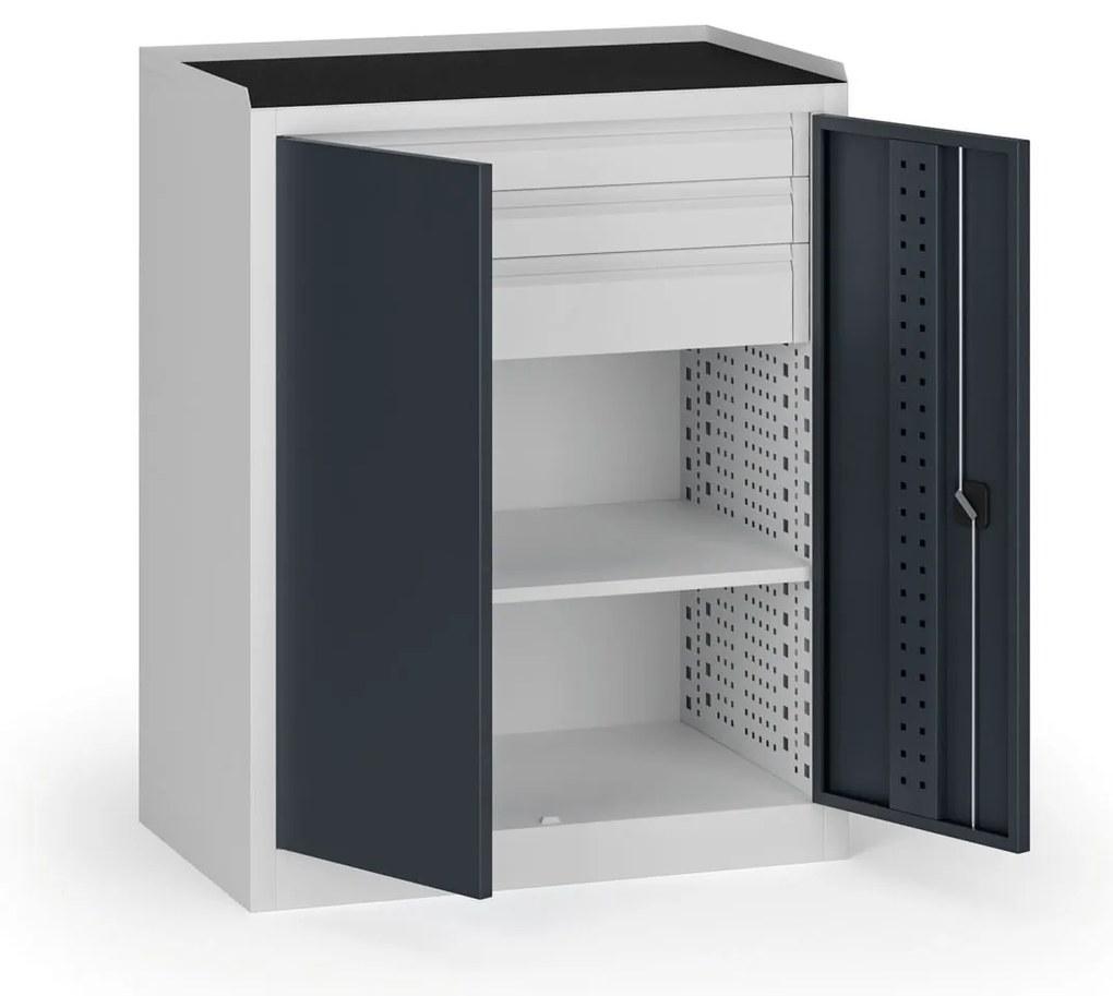 Dielenská skriňa nízka na náradie KOVOS, 1 police, 3 zásuvky, 950 x 600 x 1180 mm, grafit