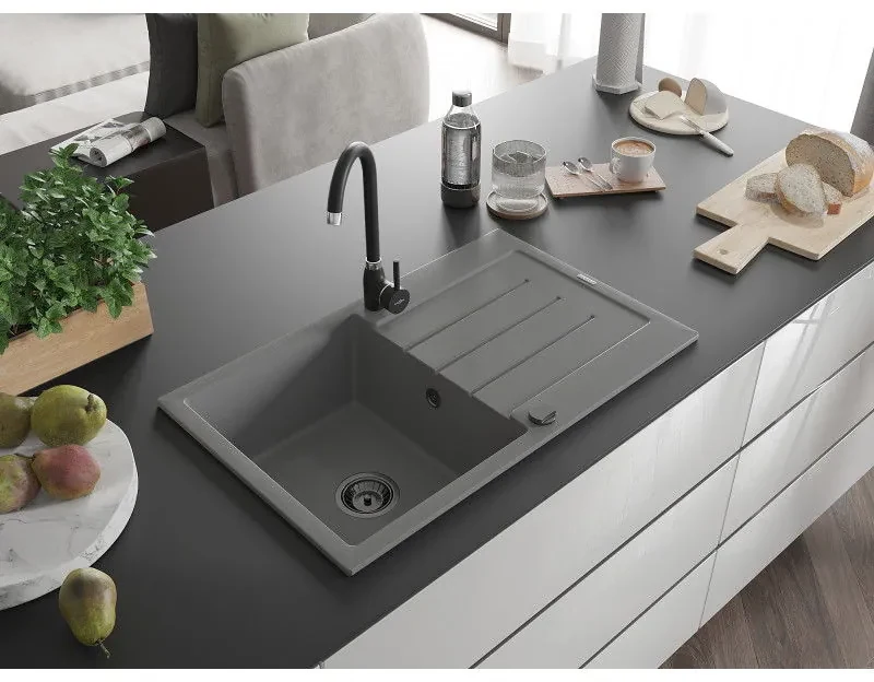 Mexen Bruno, 1-komorový granitový drez s odkvapkávačom 795x495x200 mm a čierna kuchynská batéria Telma, šedá, 6513-71-670200-70-B