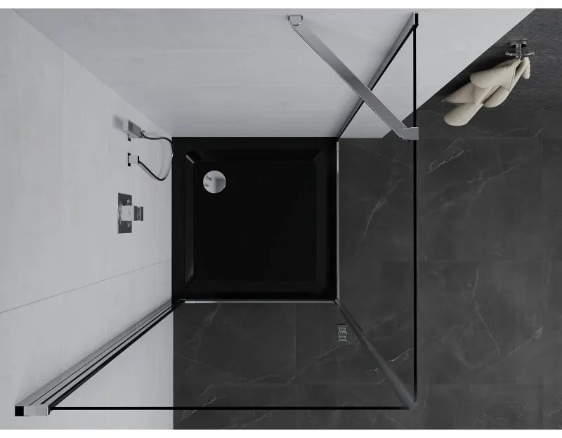 Mexen Pretoria, sprchovací kút 90 (dvere) x 90 (stena) cm, 6mm číre sklo, chrómový profil + čierna sprchová vanička, 852-090-090-01-00-4070