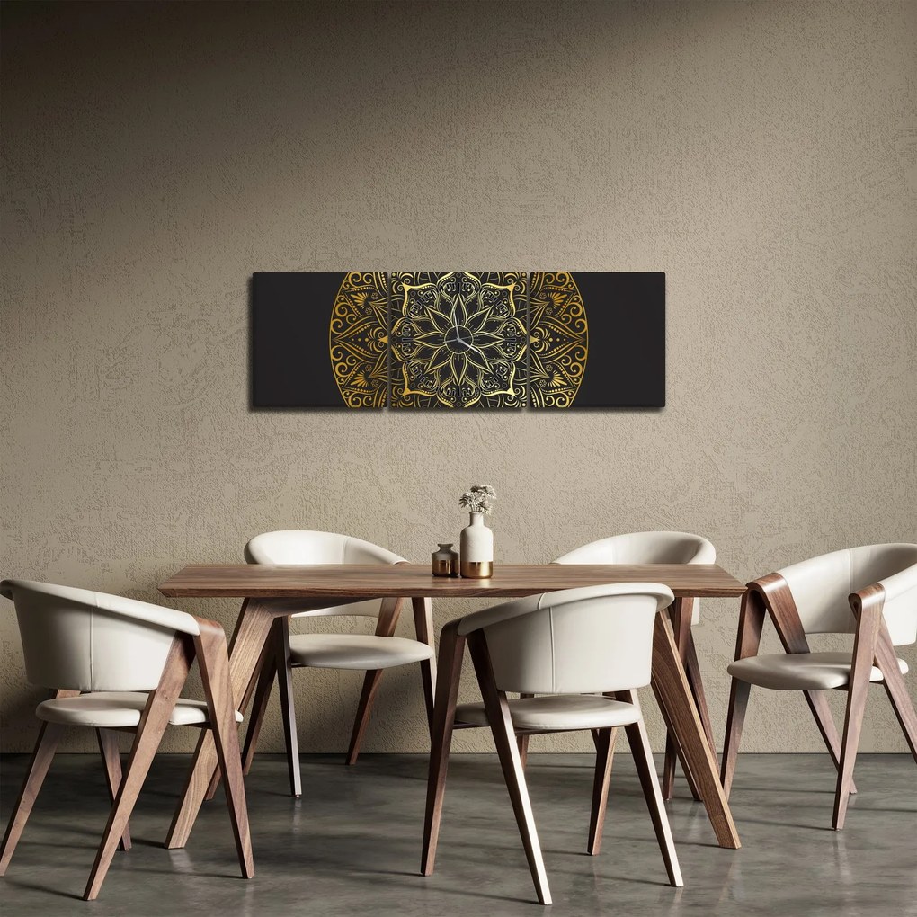 Obraz zlaté abstrakcie (s hodinami) (90x30 cm)
