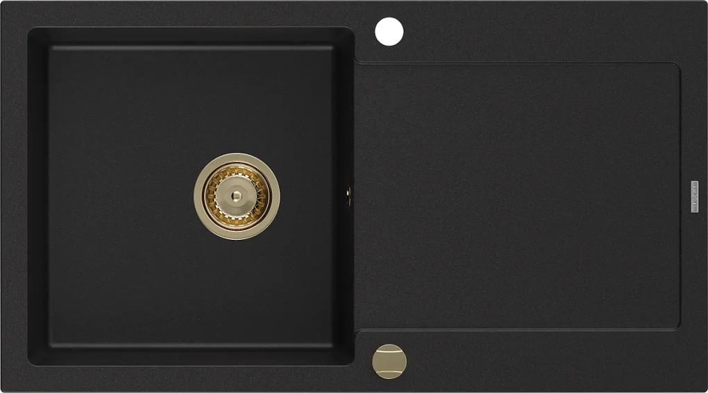 Mexen Leo, drez granitový 900x500x190 mm, 1-komorový, čierna so zlatým sifónom, 6501901010-77-G