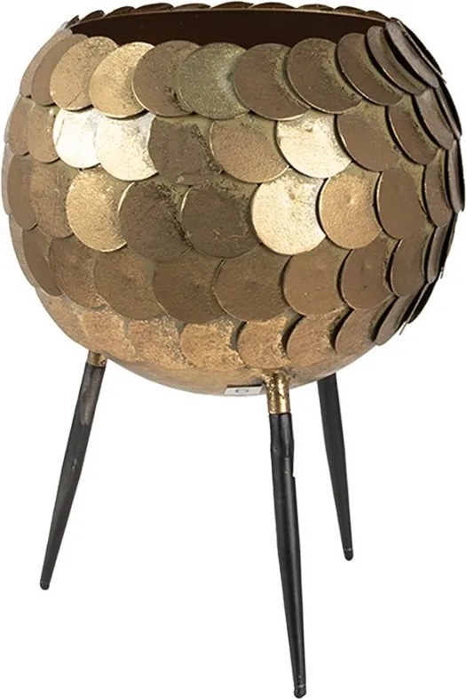 Zlatý antik kovový obal na kvetináč na nôžkach - Ø 22*28 cm