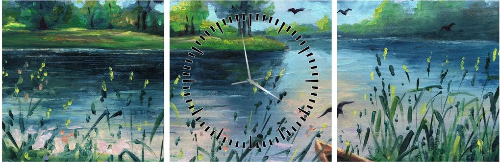 Obraz - Olejomaľba, Letný podvečer pri jazere (s hodinami) (90x30 cm)