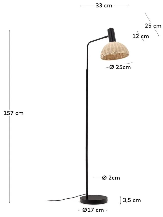 Stojacia lampa s ratanovým tienidlom v čierno-prírodnej farbe (výška 157 cm) Damila – Kave Home