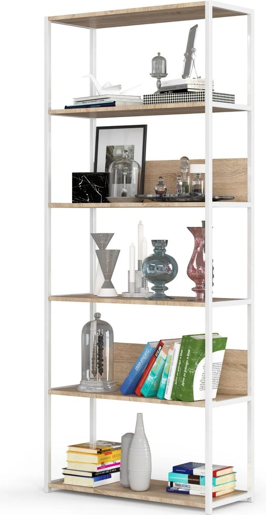 Knižnica Loft s kovovým rámom 80 cm biela/dub sonoma