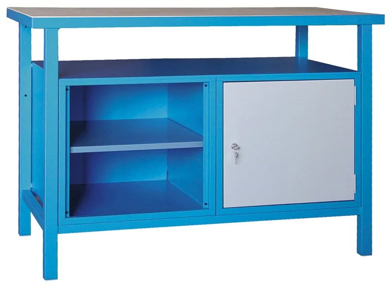Dielenský pracovný stôl GD, smrek + buková preglejka, 1 skrinka, 1 polica, 1190 x 600 x 850 mm, modrá