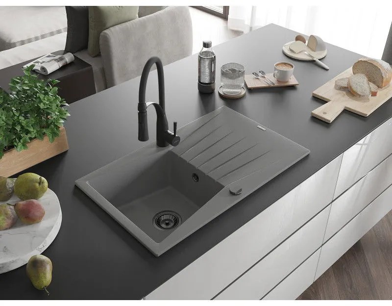 Mexen Cesar, 1-komorový granitový drez 775x470x190 mm a drezová batéria Aster, šedá, 6514-71-73450-70-B