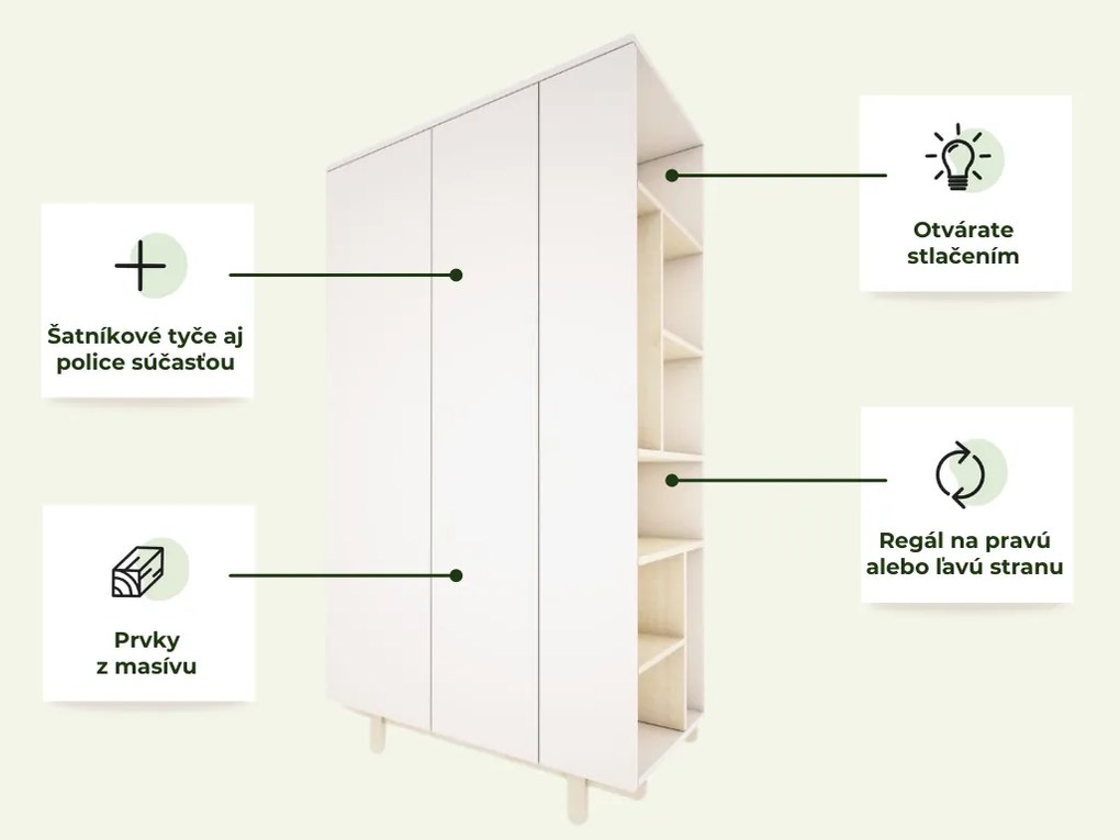 Dizajnová šatníková skriňa s otvoreným regálom BASIC biela