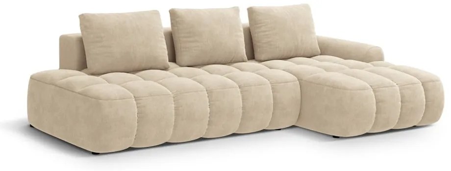 Béžová zamatová rozkladacia/s úložným priestorom rohová pohovka (pravý roh/s leňoškou) Linz – Cosmopolitan Design