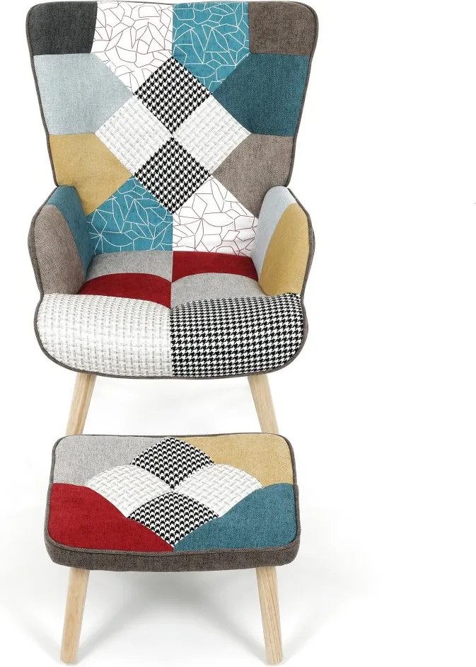 Relaxačné kreslo ušiak LISA + taburet — masív, látka, patchwork