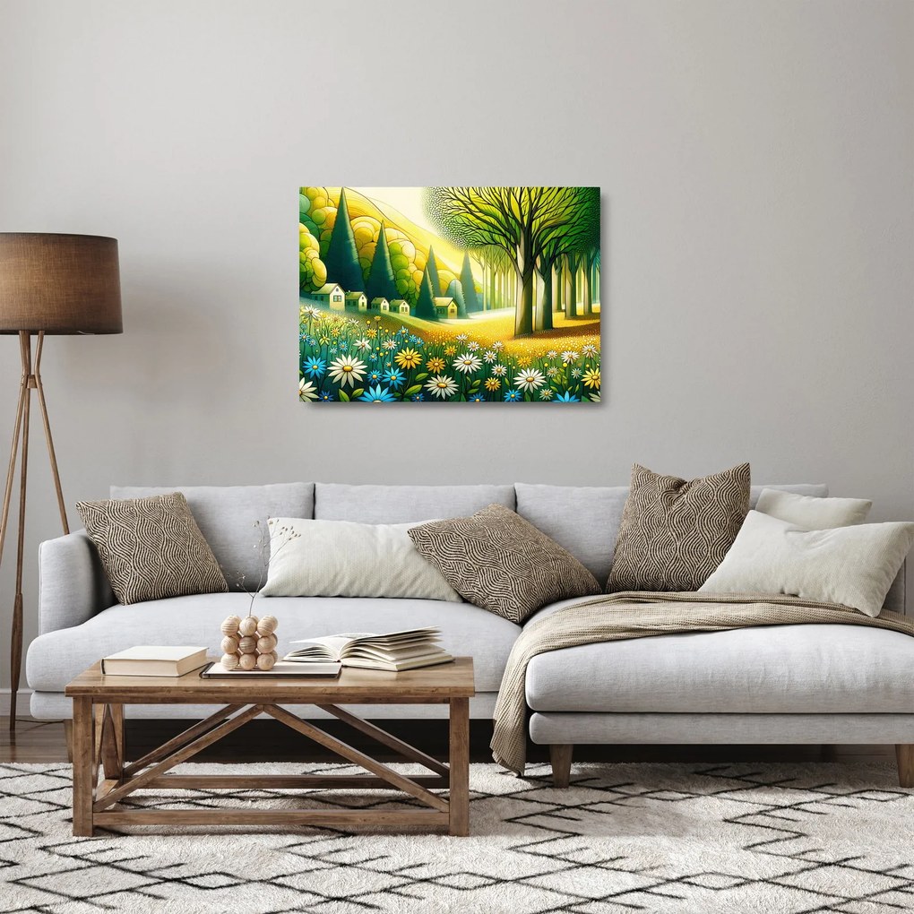 Sklenený obraz - Dedina v žlto-zelenej (70x50 cm)
