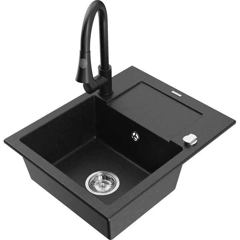 Mexen Enzo, 1-komorový granitový drez 576x465x174 mm a drezová batéria Elia, čierna-zlatá metalíza, 6506-75-670101-70