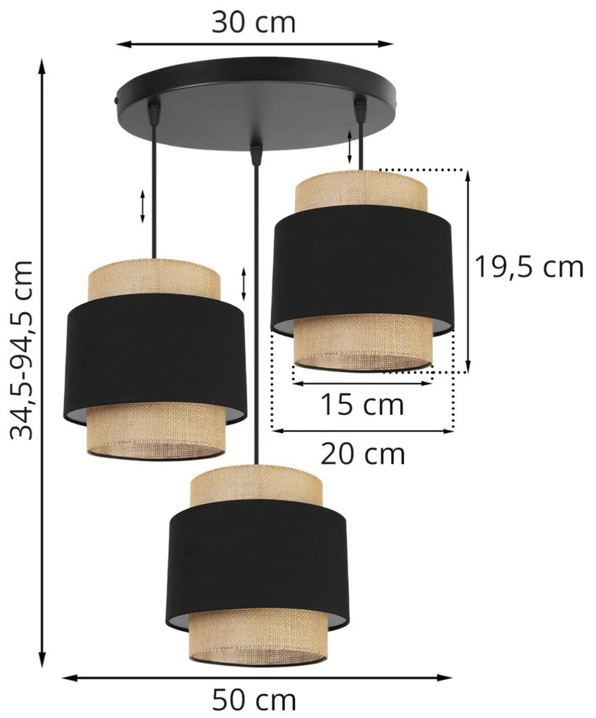 Závesné svietidlo BOHO, 3x jutové/čierne textilné tienidlo, O