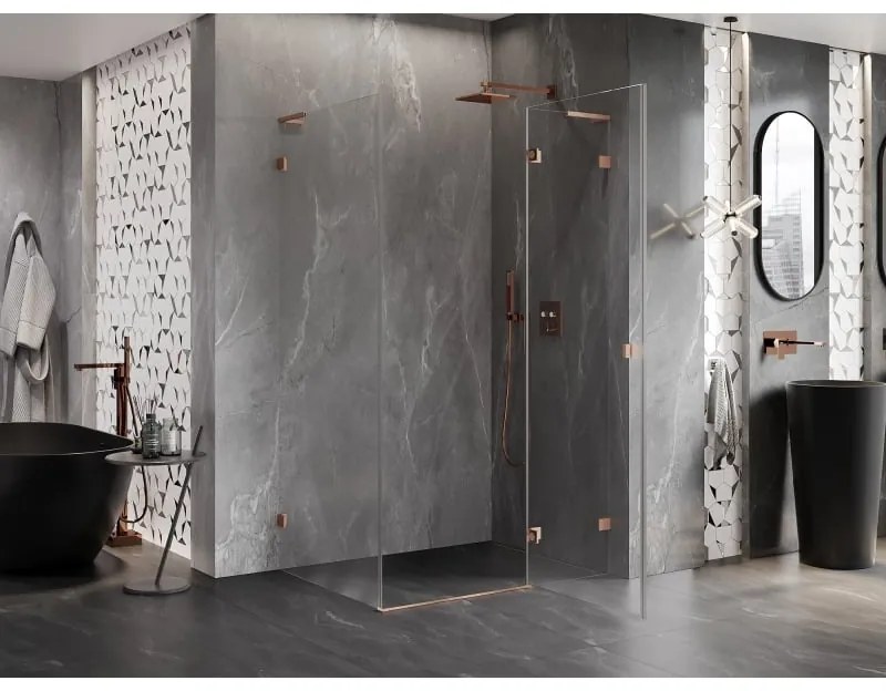 Mexen Lunar, L pravý výklopný sprchový kút 90 x 80 cm, 8mm číre sklo, profil medená matná, 834L-090-080-65-00-P