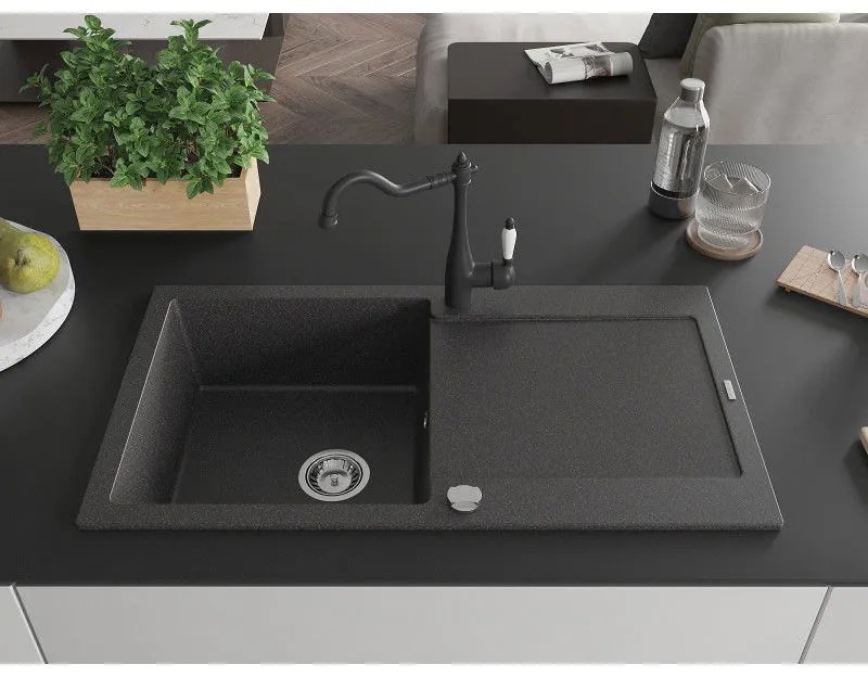 Mexen Leo, 1-komorový granitový drez 900x500x190 mm a drezová batéria Carla, čierna škvrnitá, 6501-76-670700-70