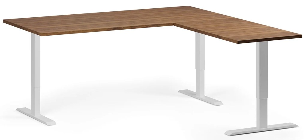 Výškovo nastaviteľný stôl, 180x180 cm, 3 motory, L/P, biela podnož, orech