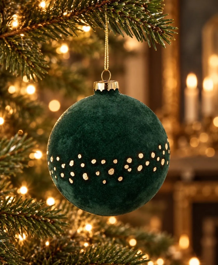 Vianočná sklenená guľa Christmas Bauble Dots - tmavo zelená / zlatá - Ø 10 cm