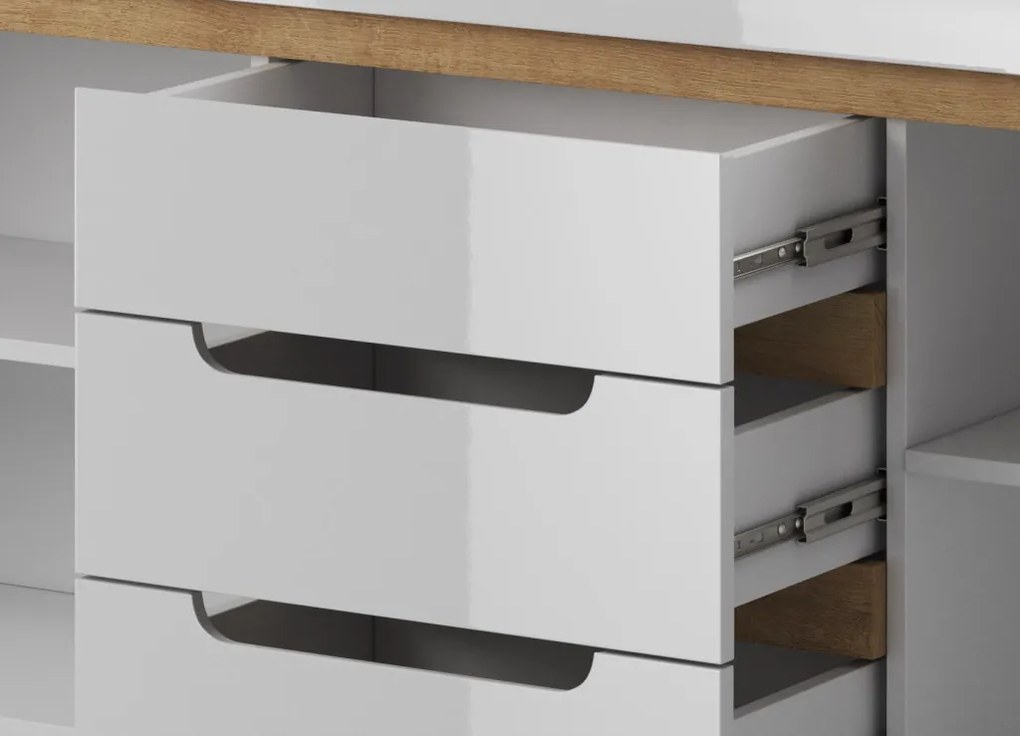 Široká komoda Nordi, dub riviéra/biela lesk