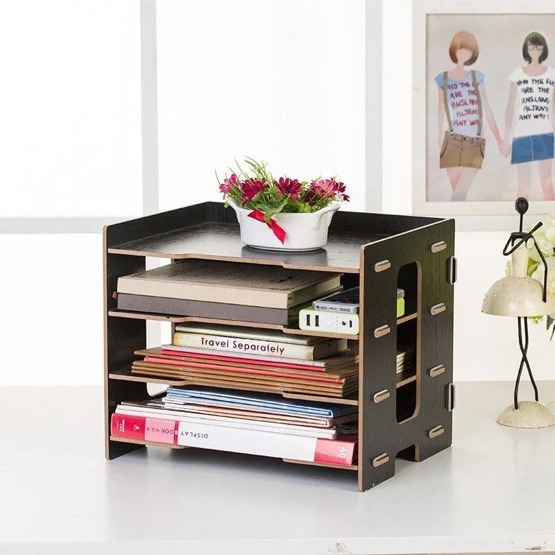 Drevený DIY kancelársky zásobník na dokumenty, organizér na dokumenty 4 priehradky čierny QS205 Čierna