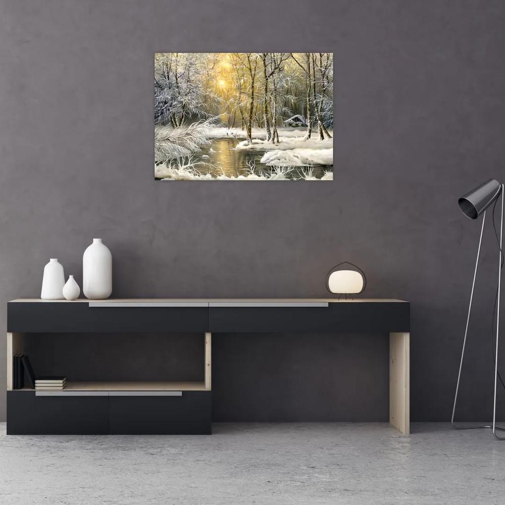 Sklenený obraz - Chalúpka v lese, olejomaľba (70x50 cm)