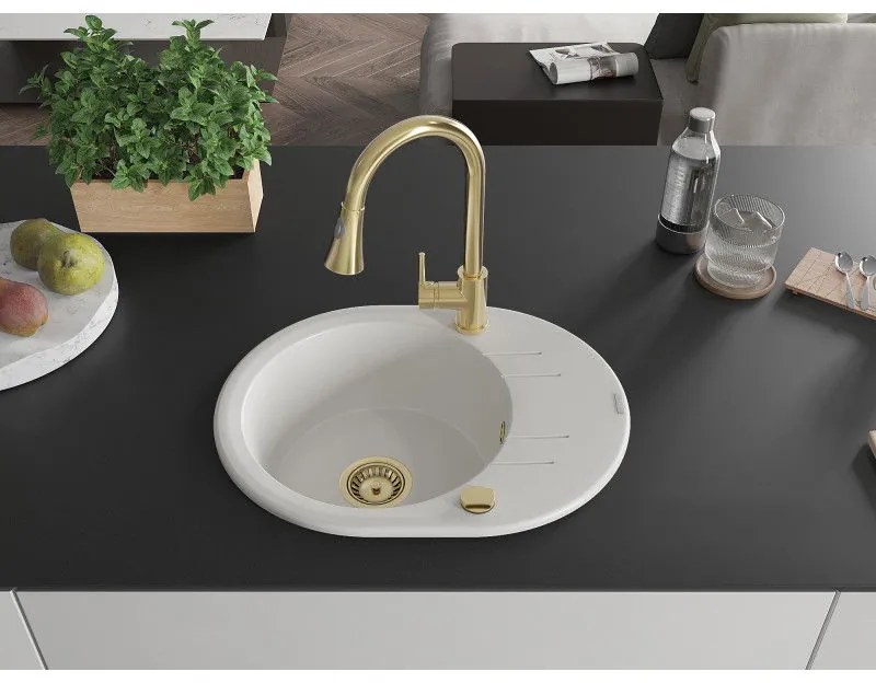 Mexen Kevin, 1-komorový granitový drez 586x458x190 mm a drezová batéria Elia, biela, 6517-20-670101-50